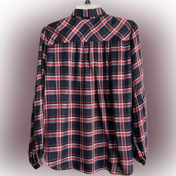 Ann Taylor LOFT Womens Plaid Red/Black/White Pleats Sleeve Button Down Blouse XS - Picture 2 of 8